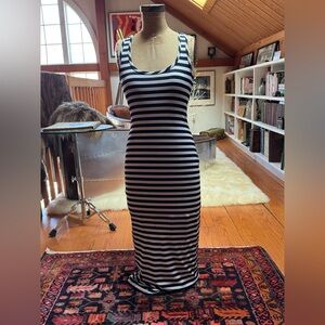 Stella Cruz Navy White Striped Racerback Maxi Dress Bodycon Stretch NWT